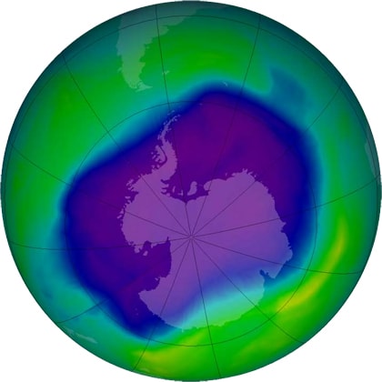 Immagine del più grande buco nell’ozono sopra l’Antartico mai registrato (settembre 2006)