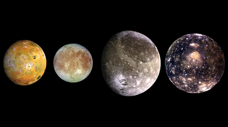 I quattro satelliti più grandi di Giove – Io, Europa, Ganimede e Callisto – sono stati osservati per la prima volta nel 1610 da Galileo Galilei 